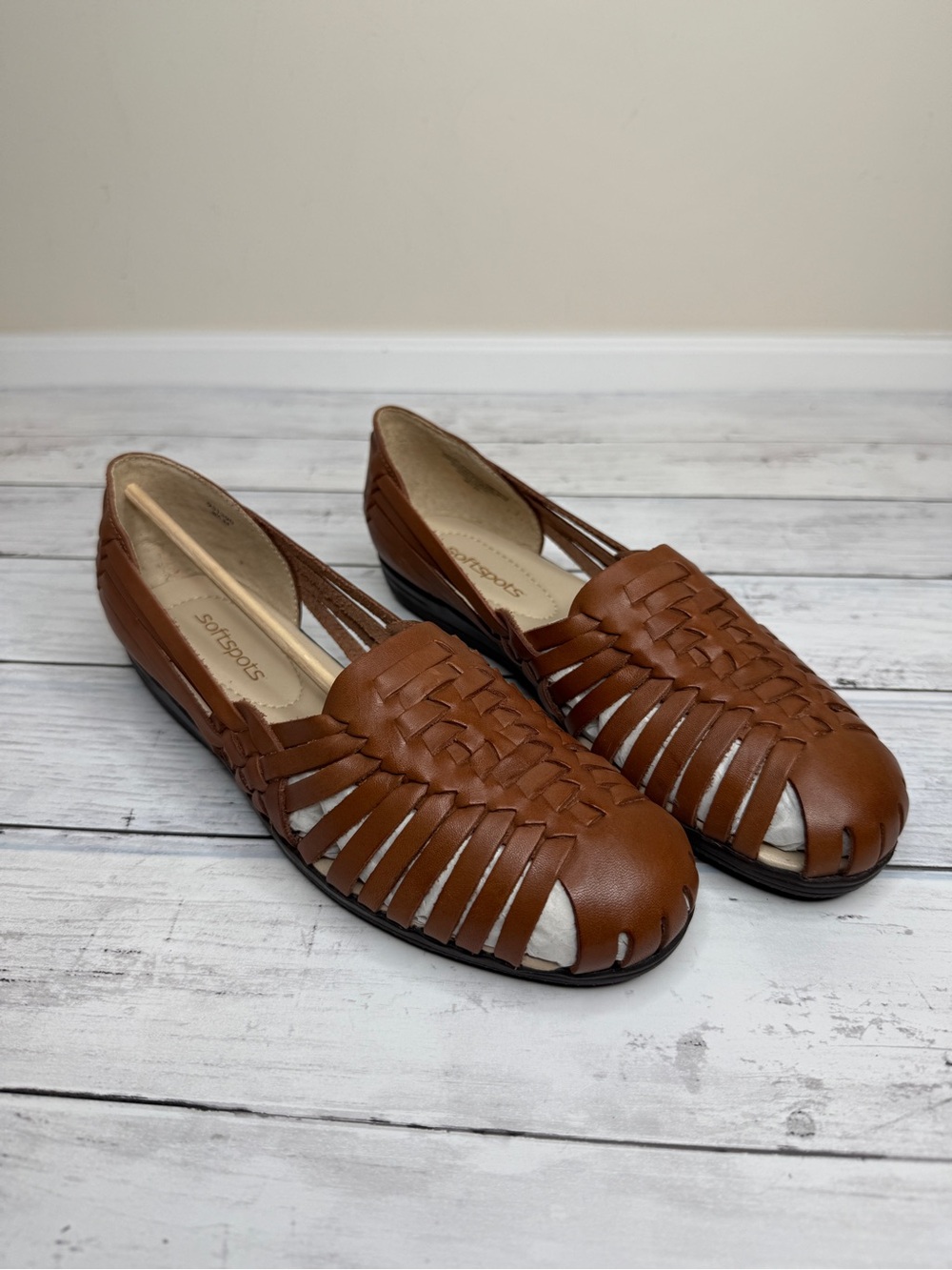 Softspots Tan/Brown Woven Leather Moccasin Flats